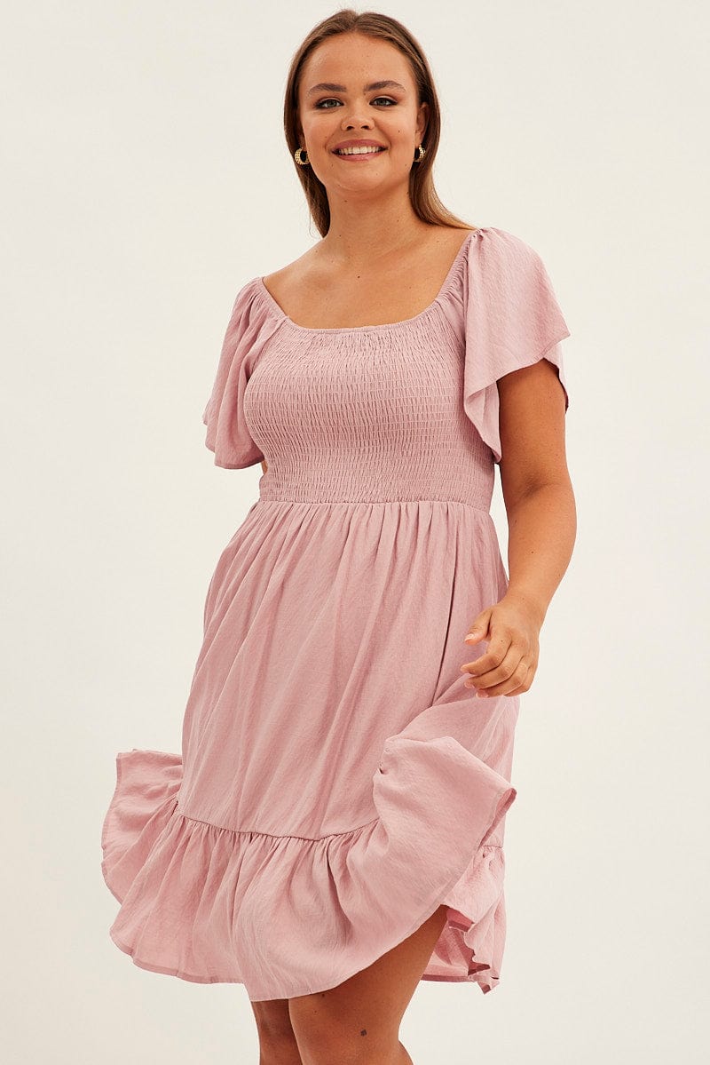 Pink Fit And Flare Dress Short Sleeve Shirred for YouandAll Fashion