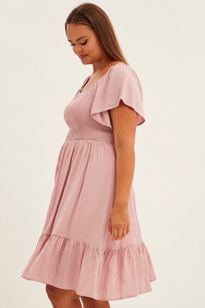 Pink Fit And Flare Dress Short Sleeve Shirred for YouandAll Fashion