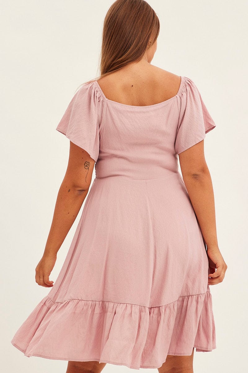 Pink Fit And Flare Dress Short Sleeve Shirred for YouandAll Fashion