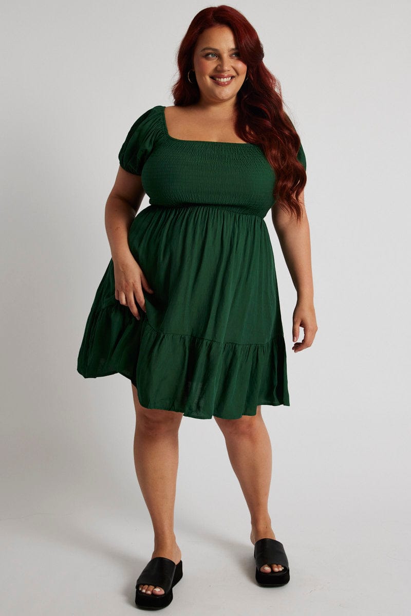 Green Fit and Flare Dress Short Sleeve Shirred for YouandAll Fashion