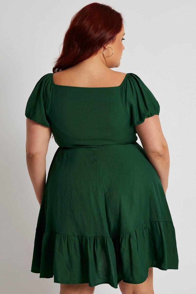 Green Fit and Flare Dress Short Sleeve Shirred for YouandAll Fashion