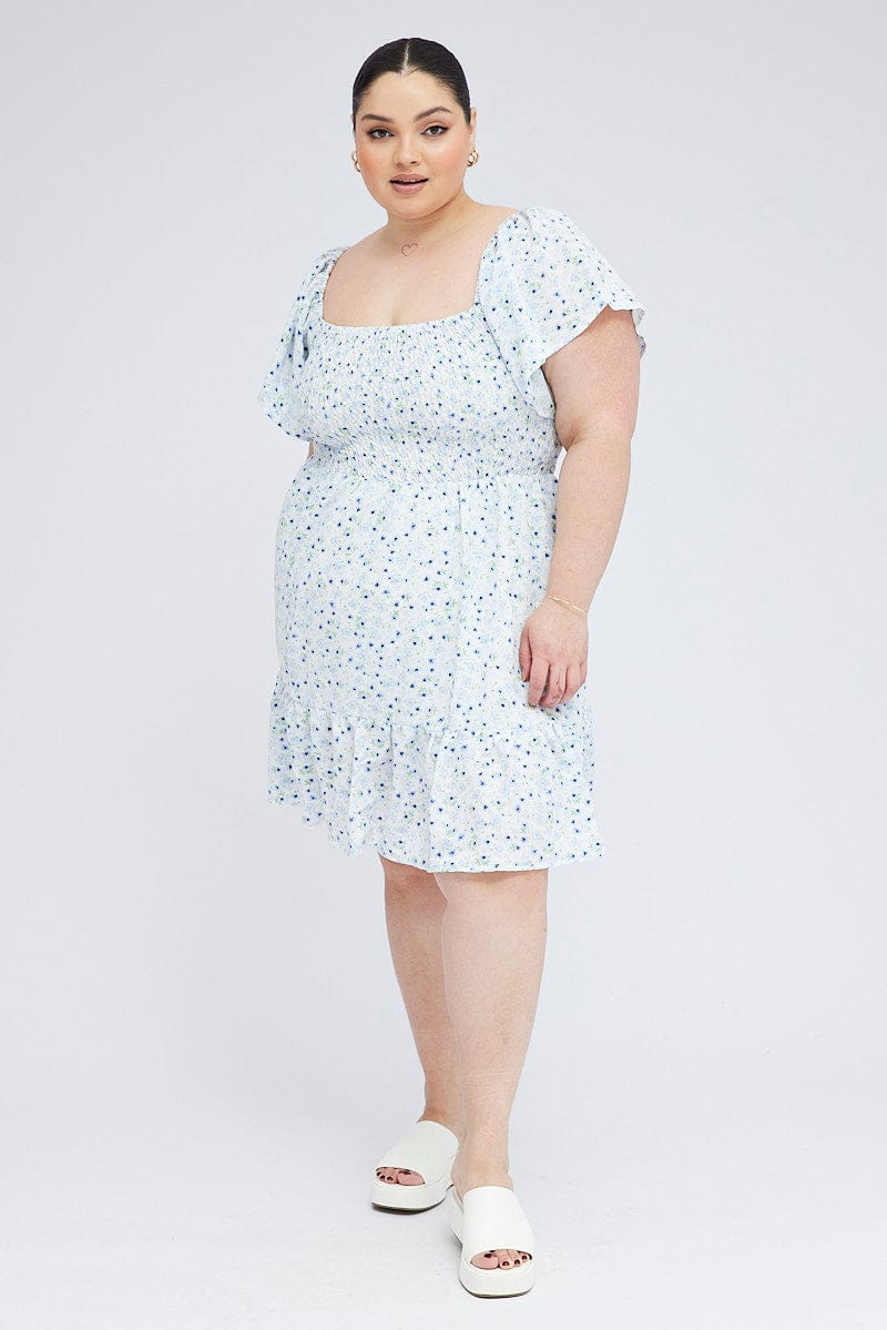 Blue Ditsy Fit And Flare Dress Short Sleeve Shirred | You & All Blue Ditsy Fit And Flare Dress Short Sleeve Shirred | You & All