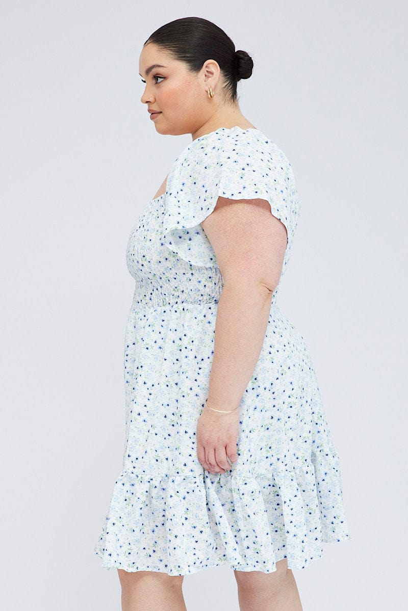 Blue Ditsy Fit and Flare Dress Short Sleeve Shirred for YouandAll Fashion