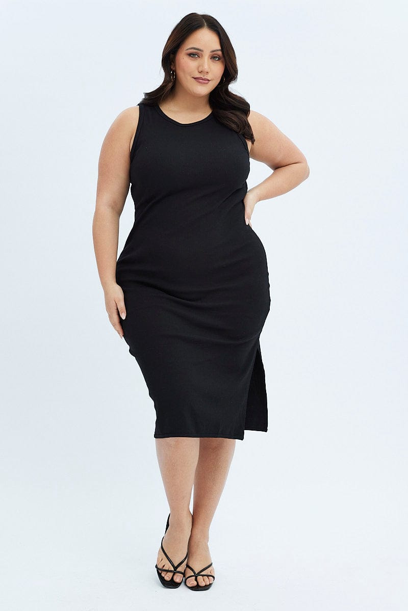 Black Midi Dress Rib Jersey Fitted Sleeveless for YouandAll Fashion