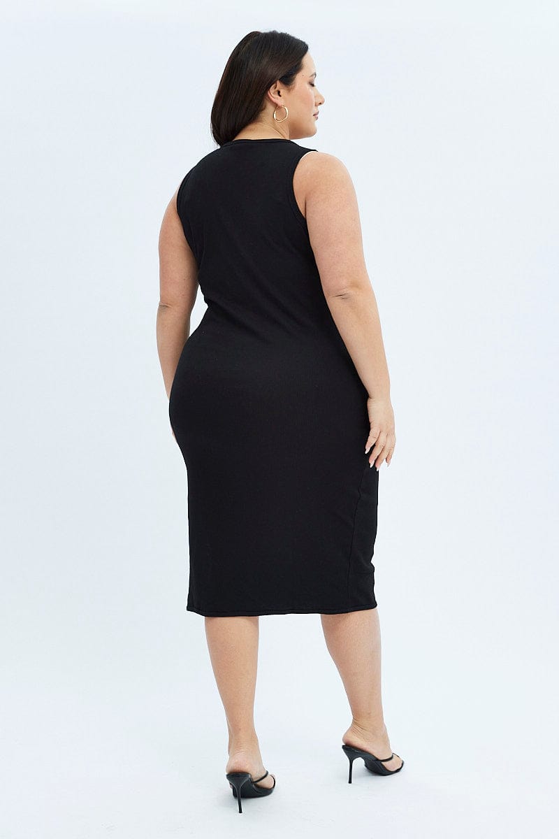 Black Midi Dress Rib Jersey Fitted Sleeveless | You & All Black Midi Dress Rib Jersey Fitted Sleeveless | You & All