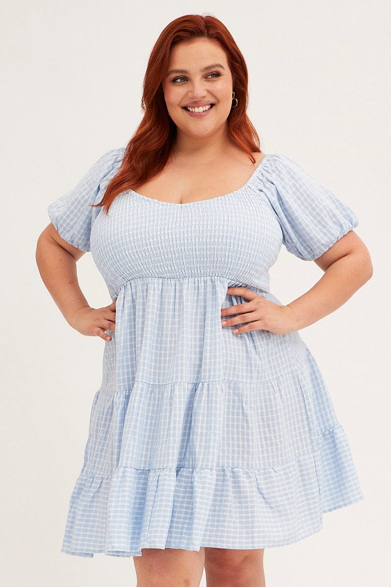 Blue Check Fit and Flare Dress Short Sleeve Shirred