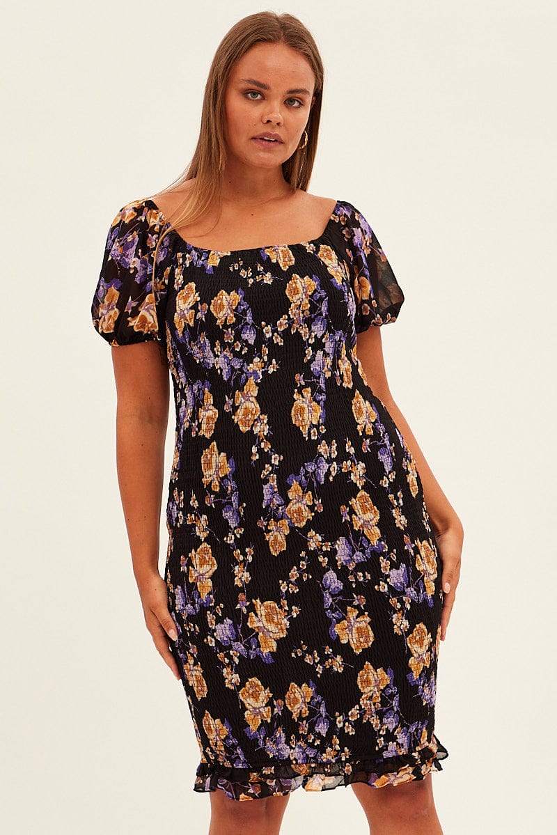 Black Floral Bodycon Dress Short Sleeve Off Shoulder Shirred for YouandAll Fashion