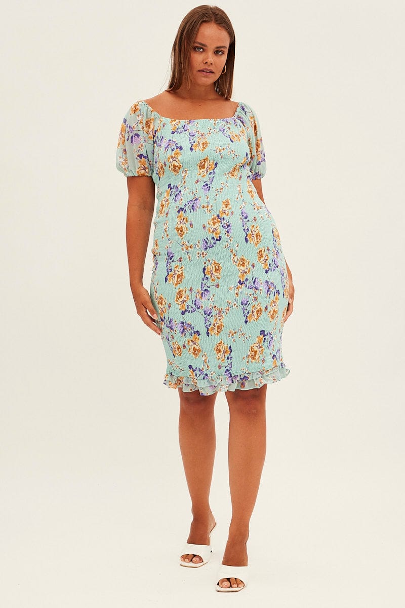 Green Floral Bodycon Dress Short Sleeve Off Shoulder Shirred | You & All Green Floral Bodycon Dress Short Sleeve Off Shoulder Shirred | You & All
