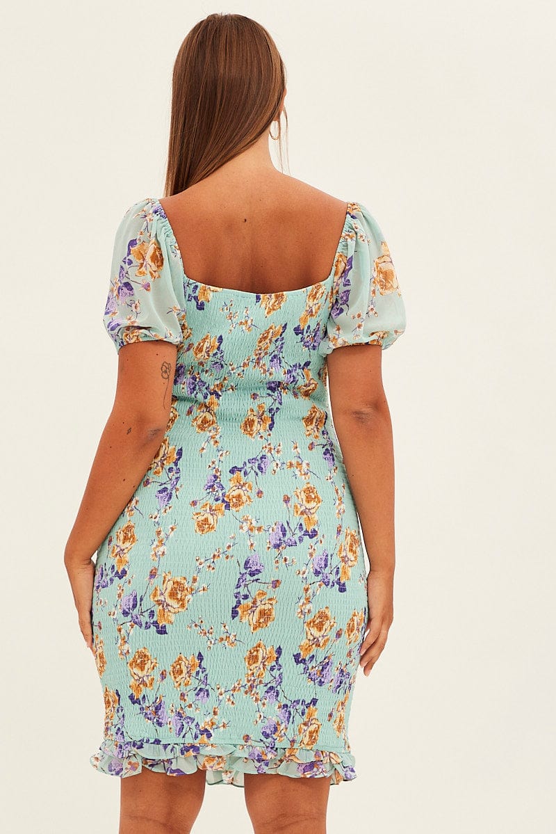 Green Floral Bodycon Dress Short Sleeve Off Shoulder Shirred | You & All Green Floral Bodycon Dress Short Sleeve Off Shoulder Shirred | You & All