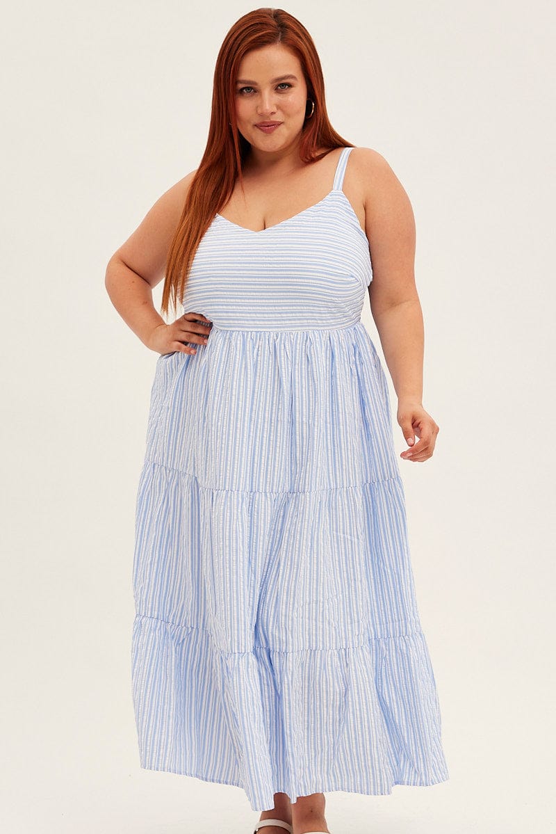 Blue Stripe Maxi Dress Sleeveless V-Neck Tiered for YouandAll Fashion