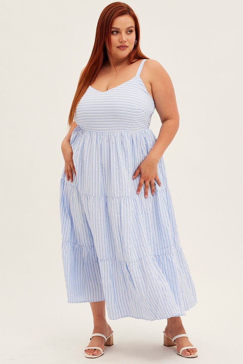 Blue Stripe Maxi Dress Sleeveless V-Neck Tiered for YouandAll Fashion