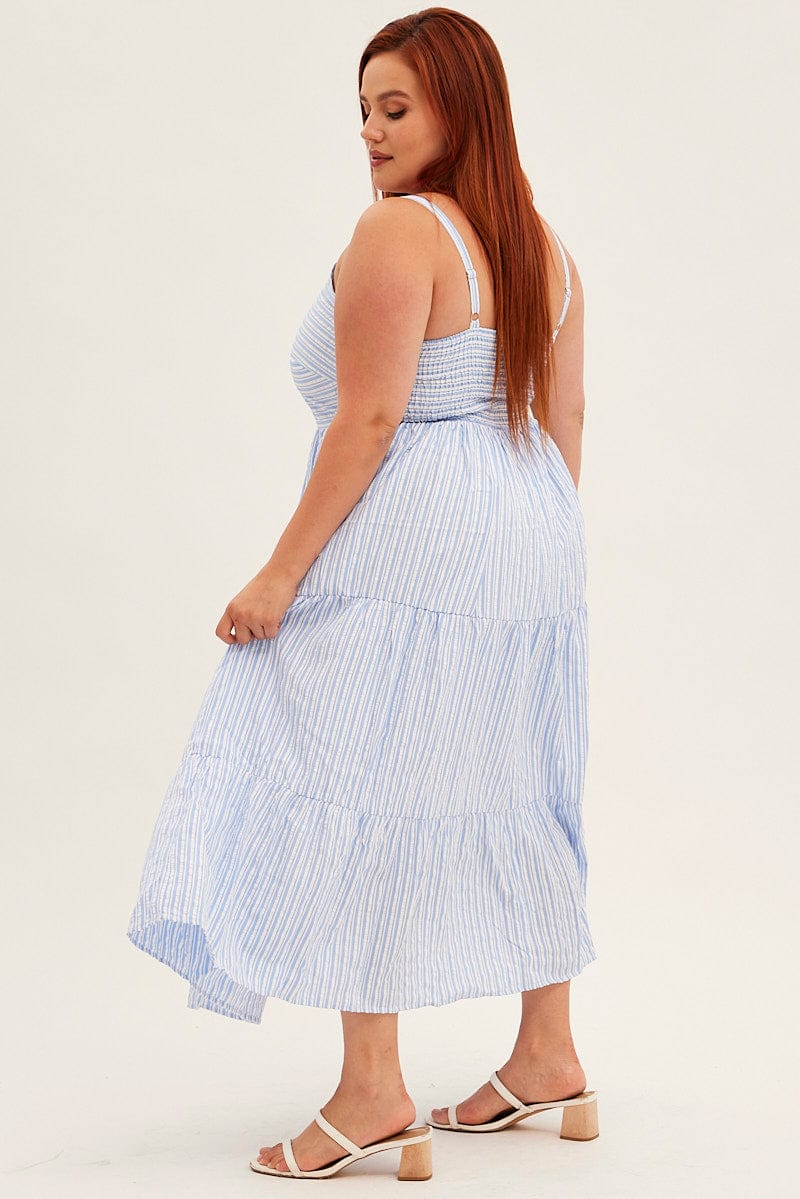 Blue Stripe Maxi Dress Sleeveless V-Neck Tiered for YouandAll Fashion