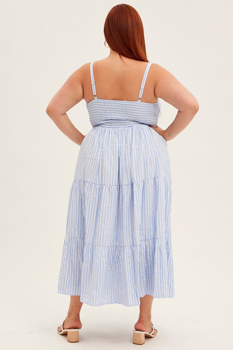 Blue Stripe Maxi Dress Sleeveless V-Neck Tiered for YouandAll Fashion