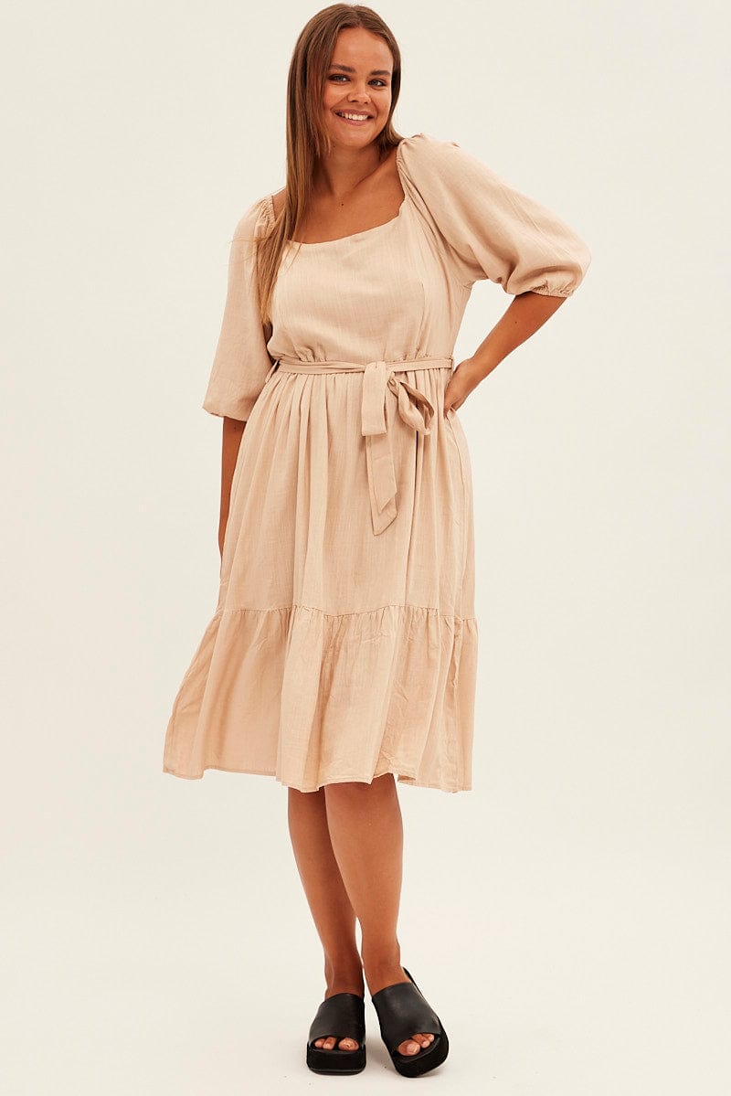 Beige Midi Dress Puff Sleeve Belt Frill Hem for YouandAll Fashion