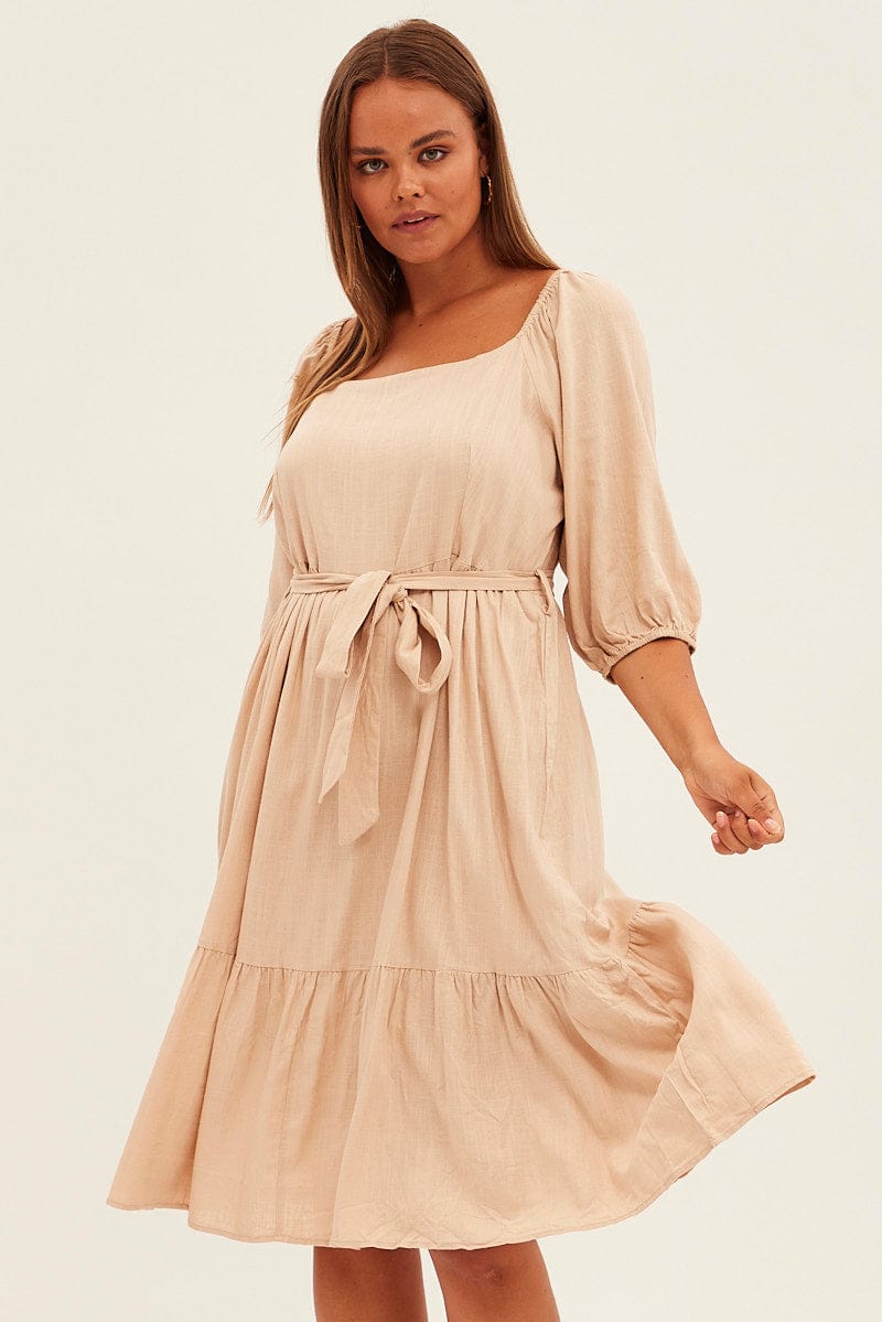 Beige Midi Dress Puff Sleeve Belt Frill Hem for YouandAll Fashion