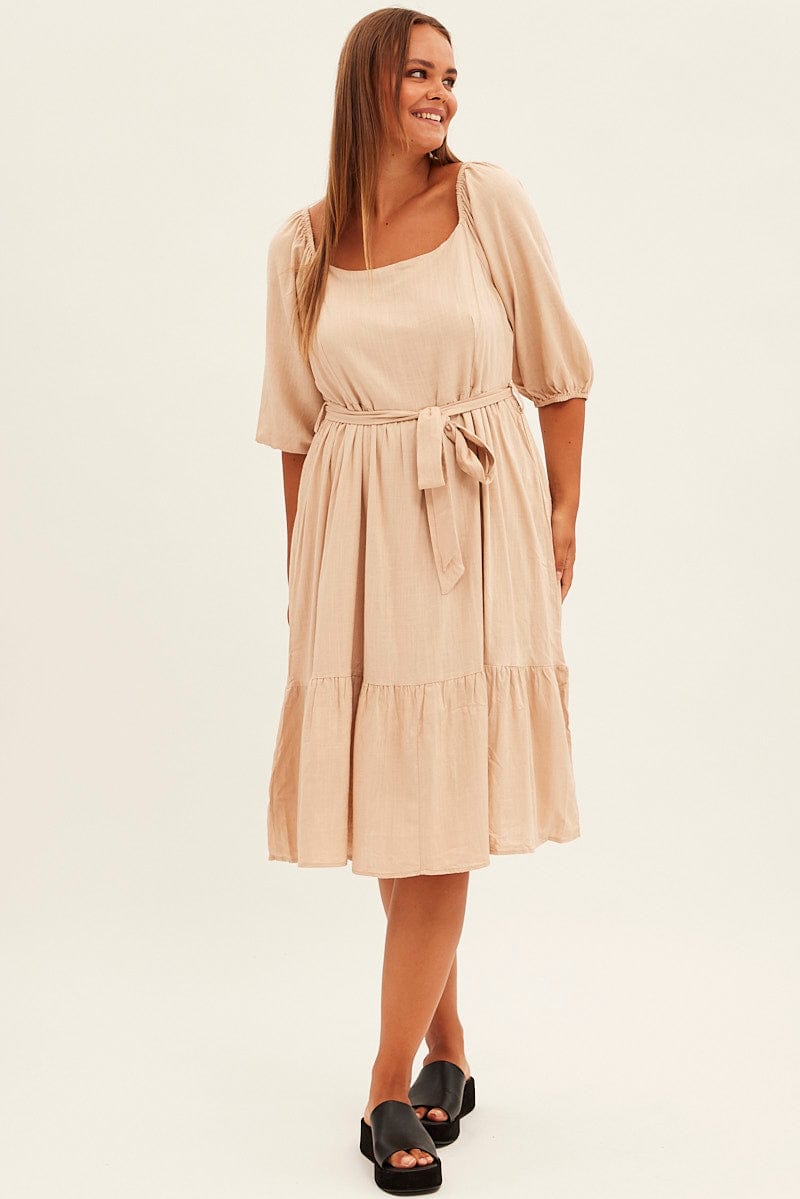 Beige Midi Dress Puff Sleeve Belt Frill Hem for YouandAll Fashion