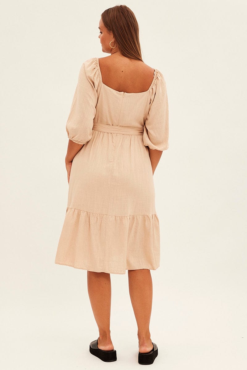 Beige Midi Dress Puff Sleeve Belt Frill Hem for YouandAll Fashion