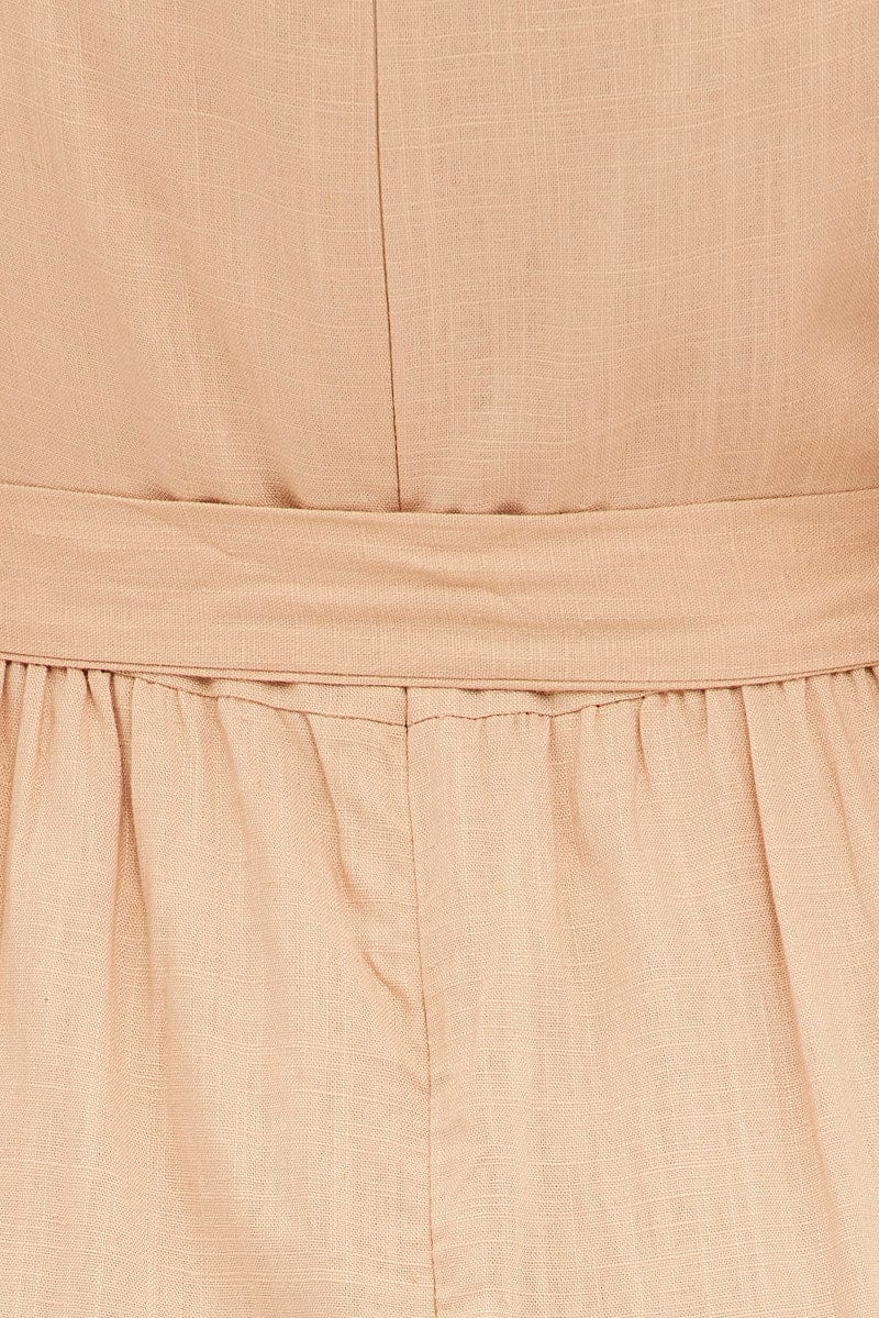 Beige Midi Dress Puff Sleeve Belt Frill Hem for YouandAll Fashion