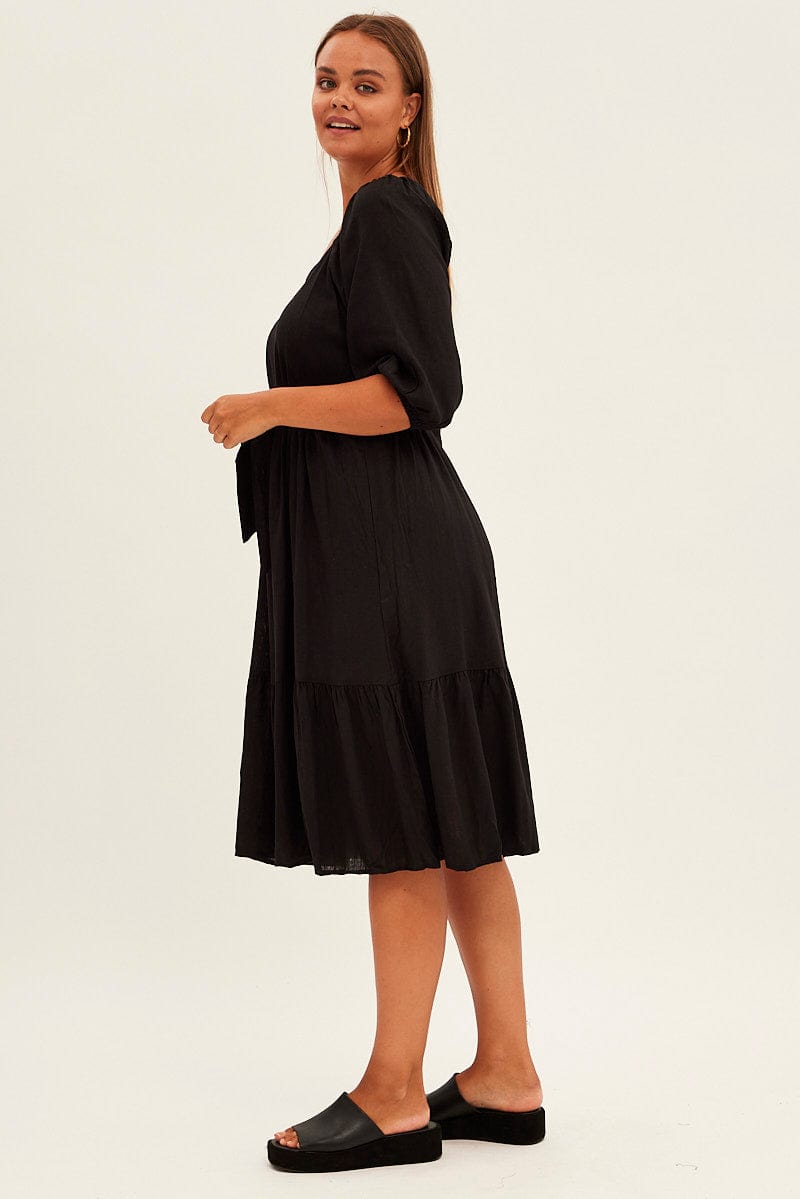 Black Midi Dress Puff Sleeve Belt Frill Hem for YouandAll Fashion