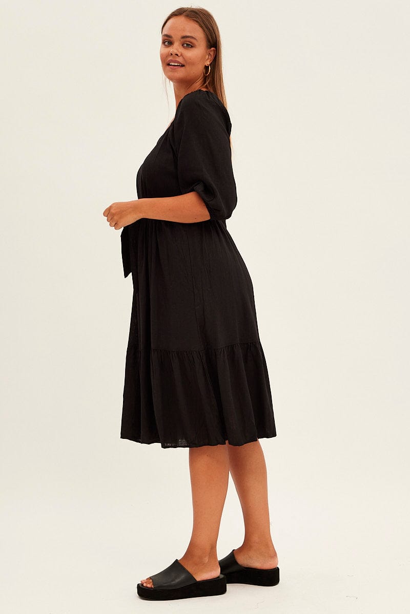 Black Midi Dress Puff Sleeve Belt Frill Hem | You & All Black Midi Dress Puff Sleeve Belt Frill Hem | You & All