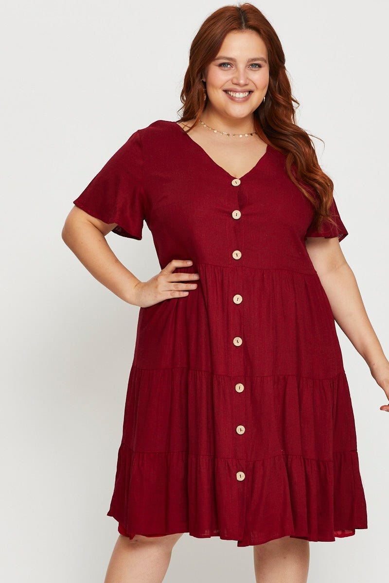 Wine Plus Button Front Smock Dress For Women By You And All
