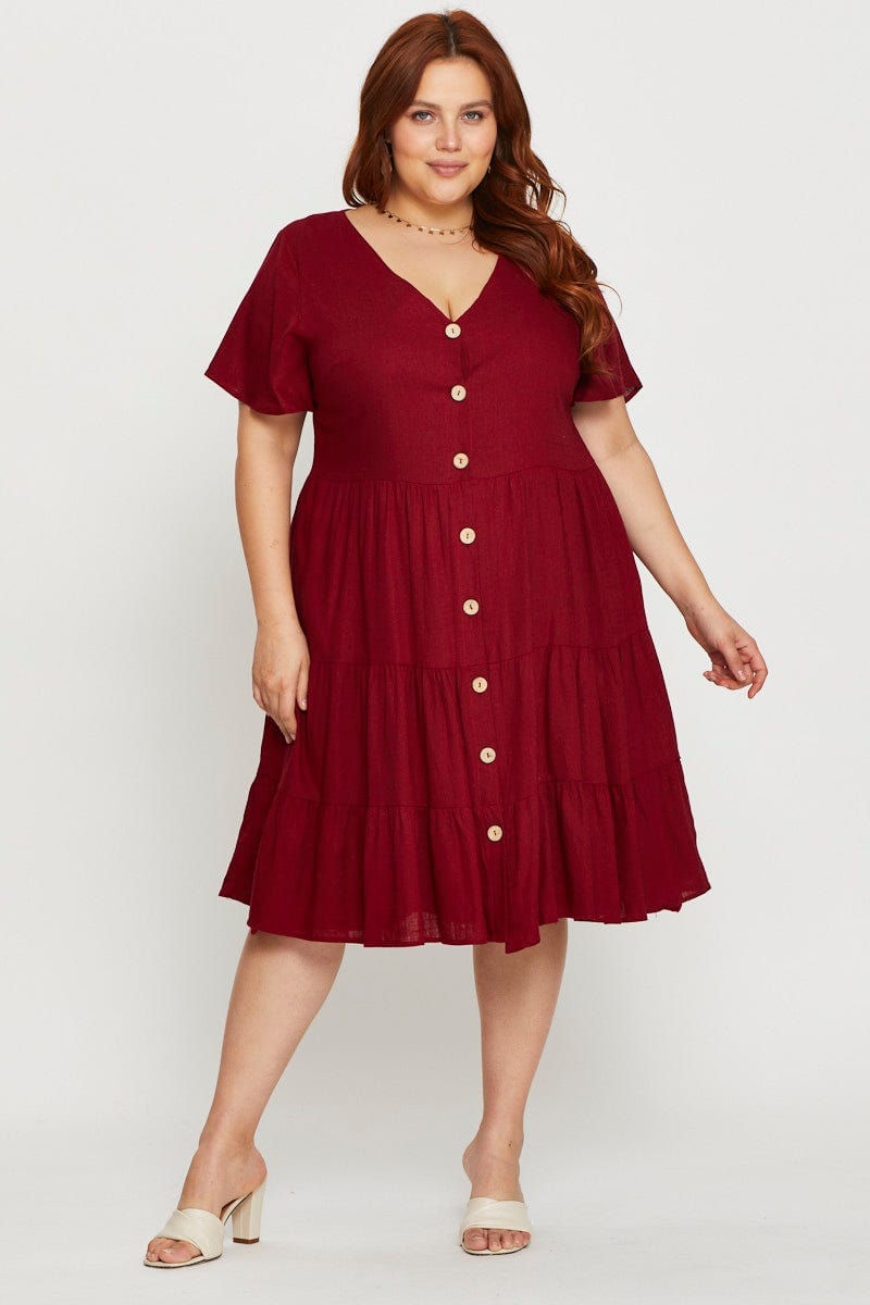 Wine Plus Button Front Smock Dress For Women By You And All