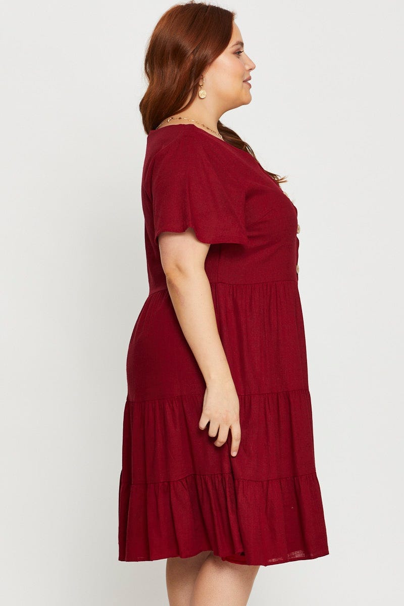 Wine Plus Button Front Smock Dress For Women By You And All