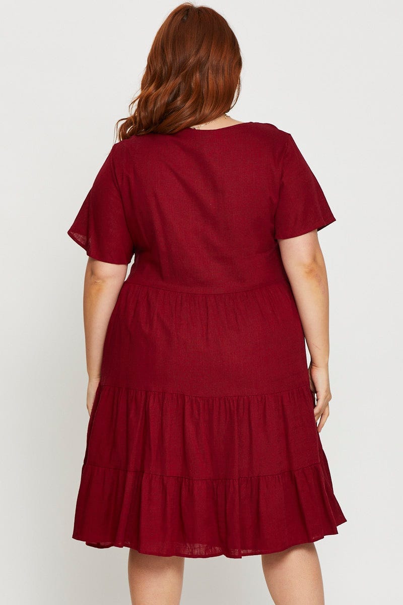 Wine Plus Button Front Smock Dress For Women By You And All