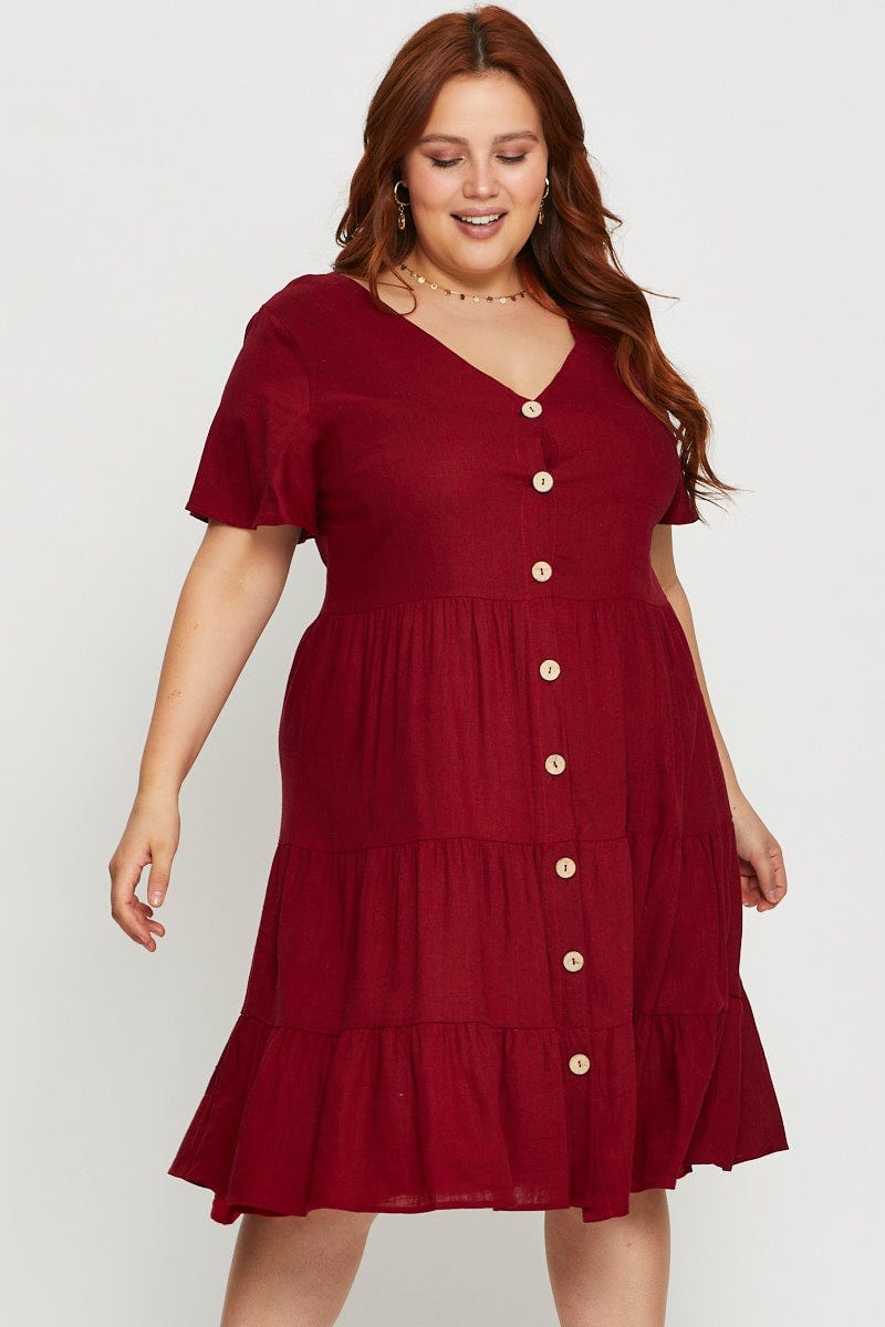 Wine Plus Button Front Smock Dress For Women By You And All