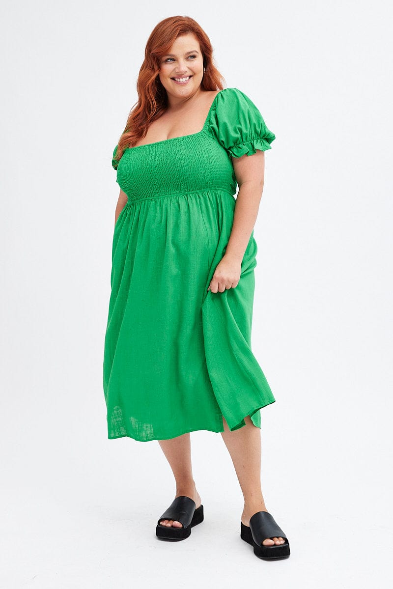 Fern Shirred Short Sleeve Linen Blend Midi Dress | You & All Fern Shirred Short Sleeve Linen Blend Midi Dress | You & All
