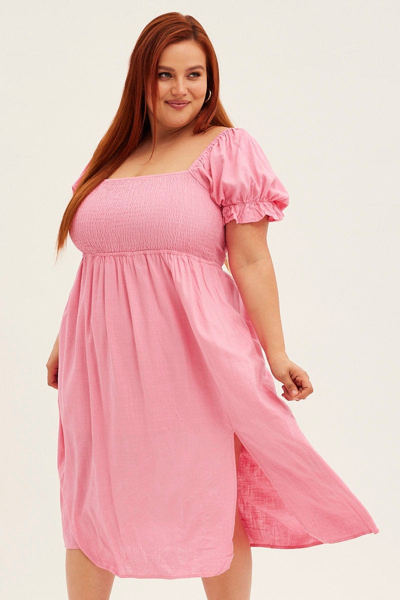 PINK Shirred Short Sleeve Linen Blend Midi Dress for YouandAll Fashion