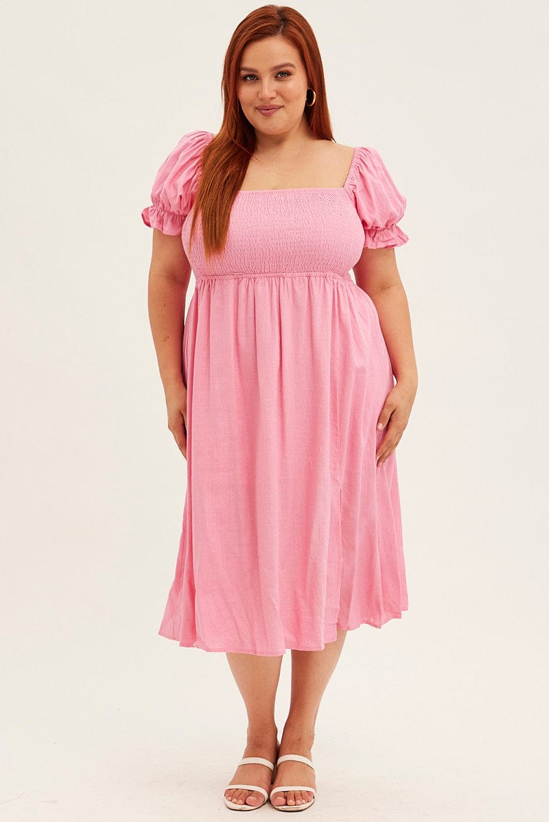 PINK Shirred Short Sleeve Linen Blend Midi Dress for YouandAll Fashion