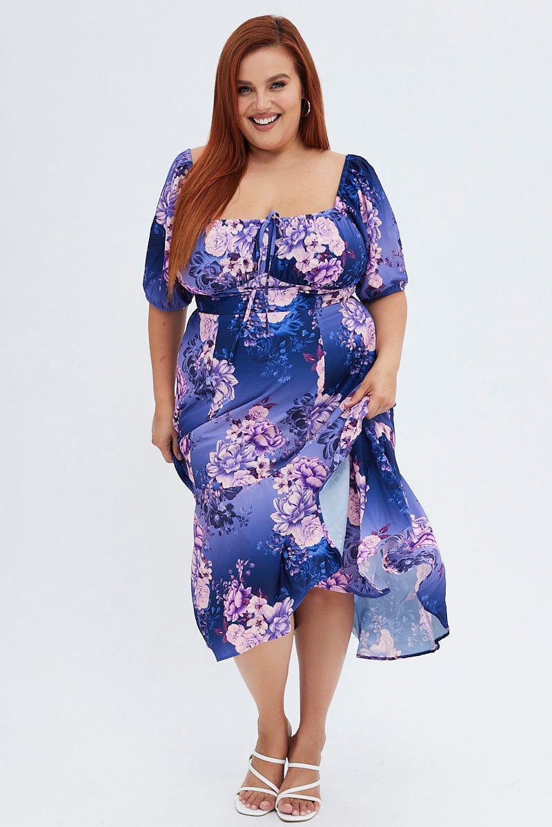 Purple Floral Midi Dress Short Sleeve Ruffle for YouandAll Fashion