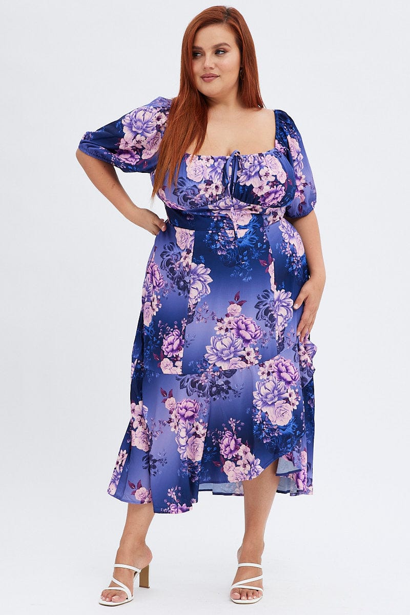 Purple Floral Midi Dress Short Sleeve Ruffle for YouandAll Fashion