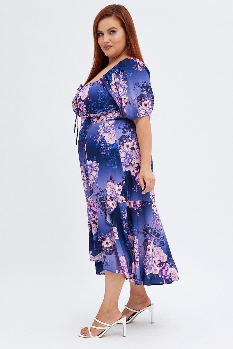 Purple Floral Midi Dress Short Sleeve Ruffle for YouandAll Fashion