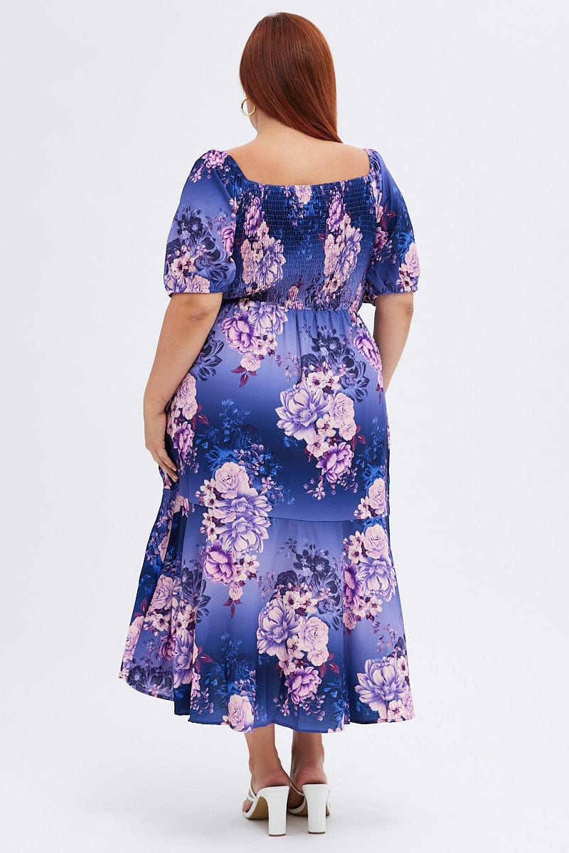 Purple Floral Midi Dress Short Sleeve Ruffle for YouandAll Fashion