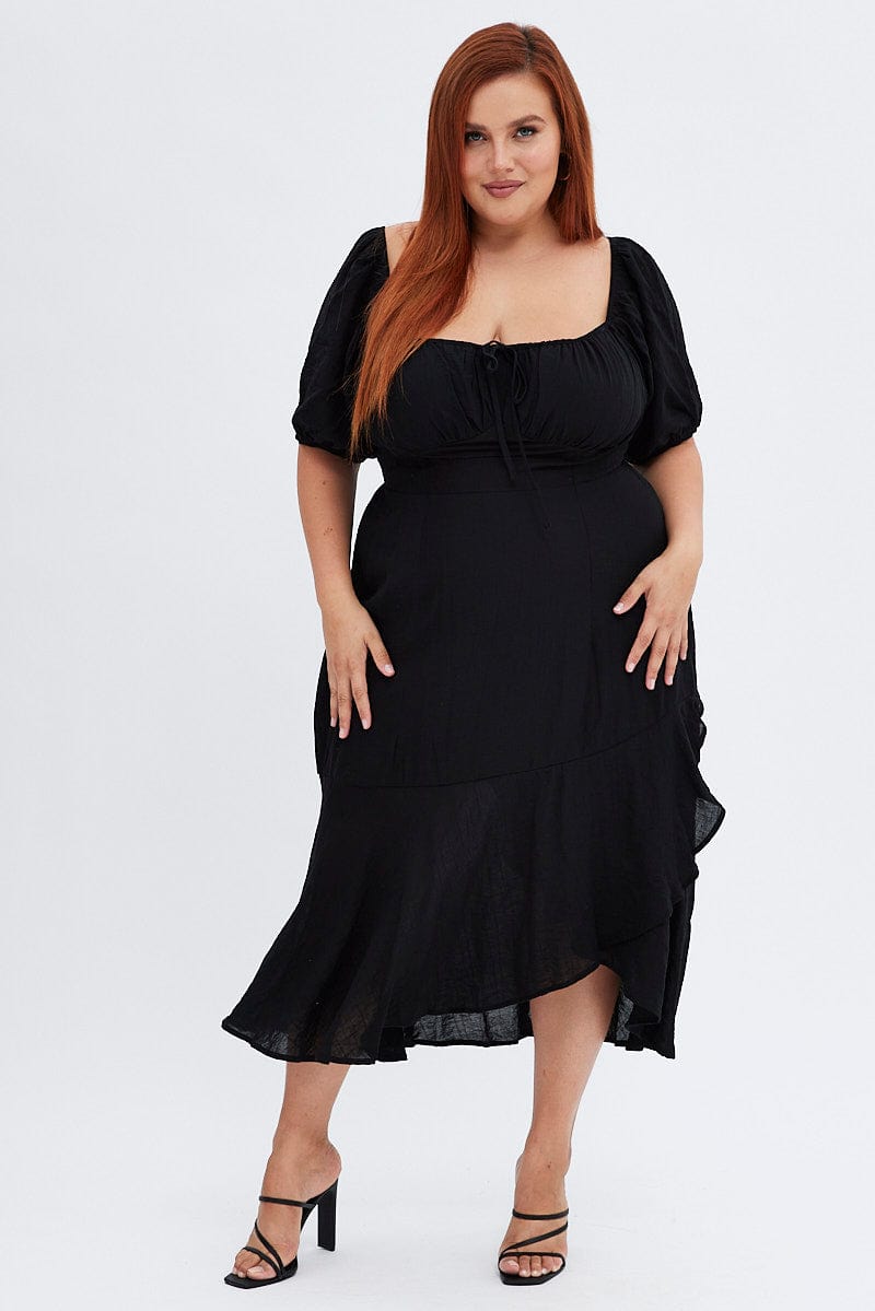 Black Midi Dress Short Sleeve Ruffle Ruched Bust for YouandAll Fashion