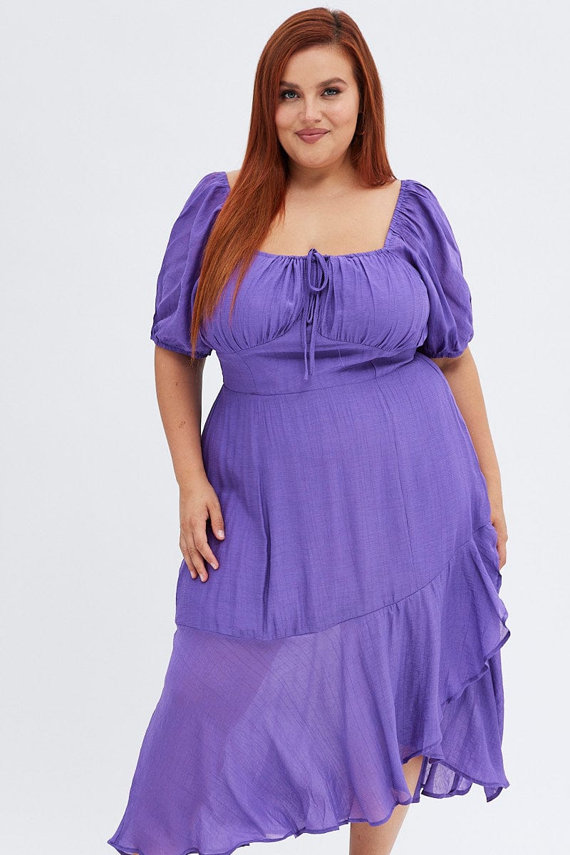 Purple Midi Dress Short Sleeve Ruffle Ruched Bust for YouandAll Fashion