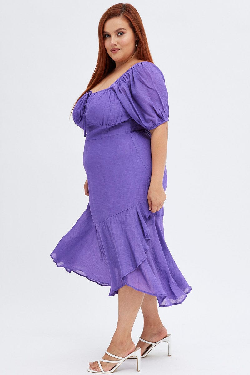 Purple Midi Dress Short Sleeve Ruffle Ruched Bust for YouandAll Fashion