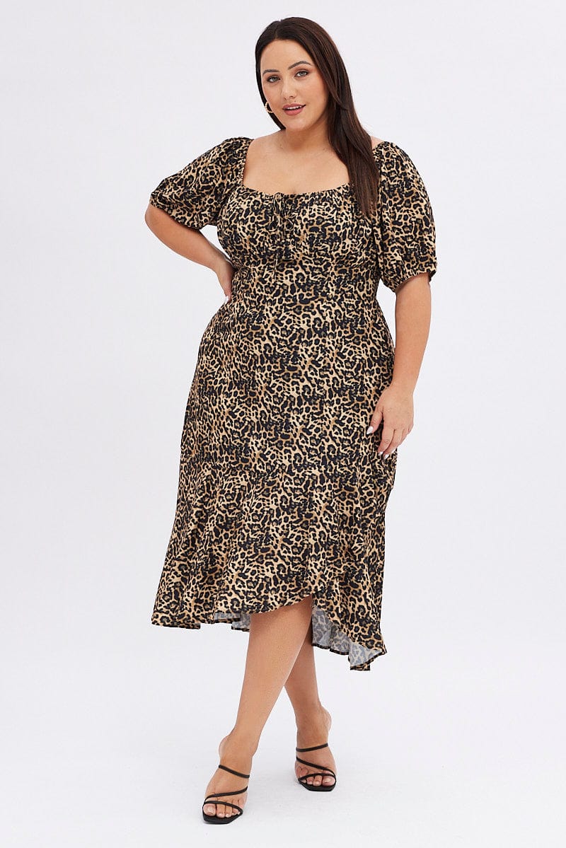 Brown Animal Print Midi Dress Short Sleeve Gathered Bust for YouandAll Fashion