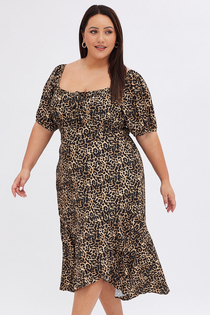 Brown Animal Print Midi Dress Short Sleeve Gathered Bust for YouandAll Fashion