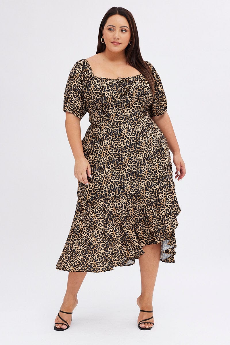 Brown Animal Print Midi Dress Short Sleeve Gathered Bust for YouandAll Fashion