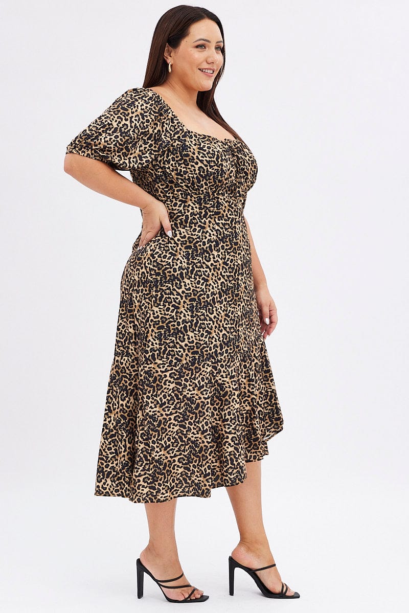 Brown Animal Print Midi Dress Short Sleeve Gathered Bust for YouandAll Fashion