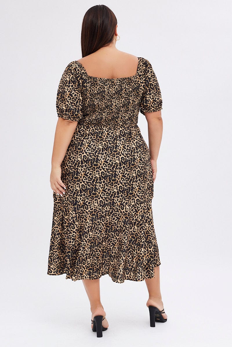 Brown Animal Print Midi Dress Short Sleeve Gathered Bust for YouandAll Fashion