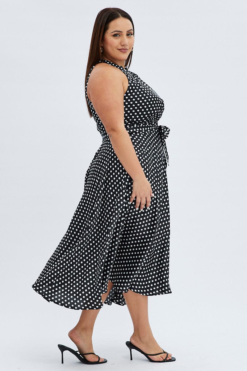 Black Polka Dot Midi Dress Sleeveless High Neck Satin for YouandAll Fashion