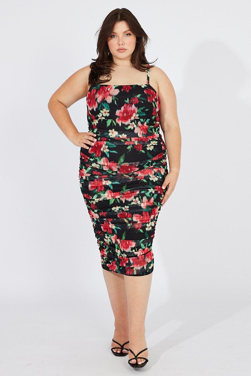 Black Floral Mesh Dress Sleeveless Ruched for YouandAll Fashion
