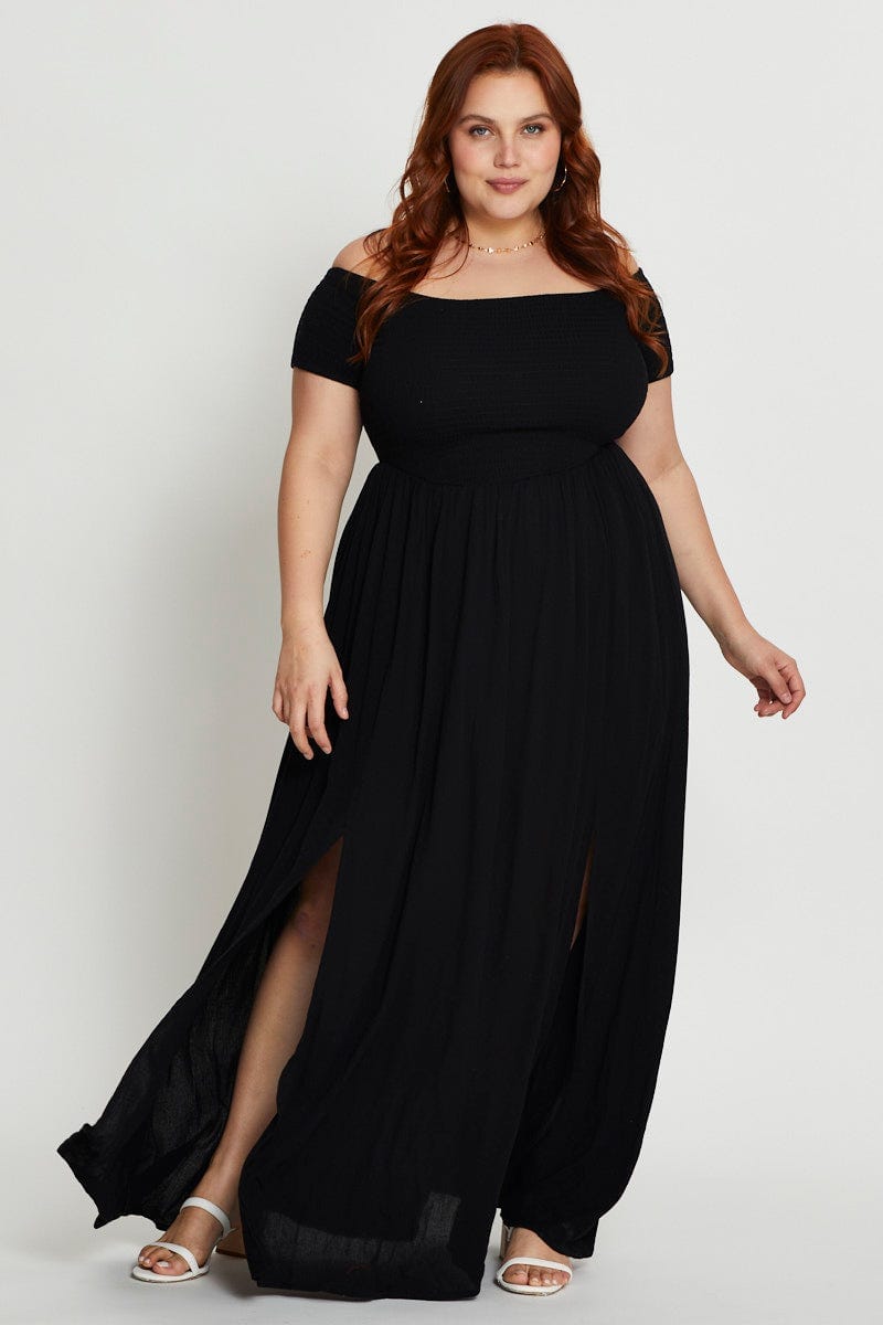 Black Short Sleeve Shirred Maxi Dress For Women By You And All