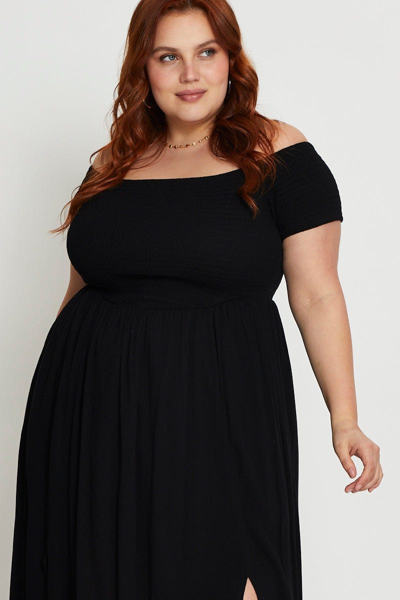 Black Short Sleeve Shirred Maxi Dress For Women By You And All