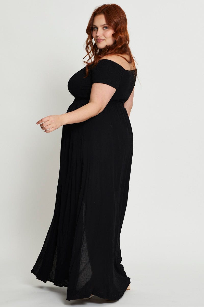 Black Short Sleeve Shirred Maxi Dress For Women By You And All