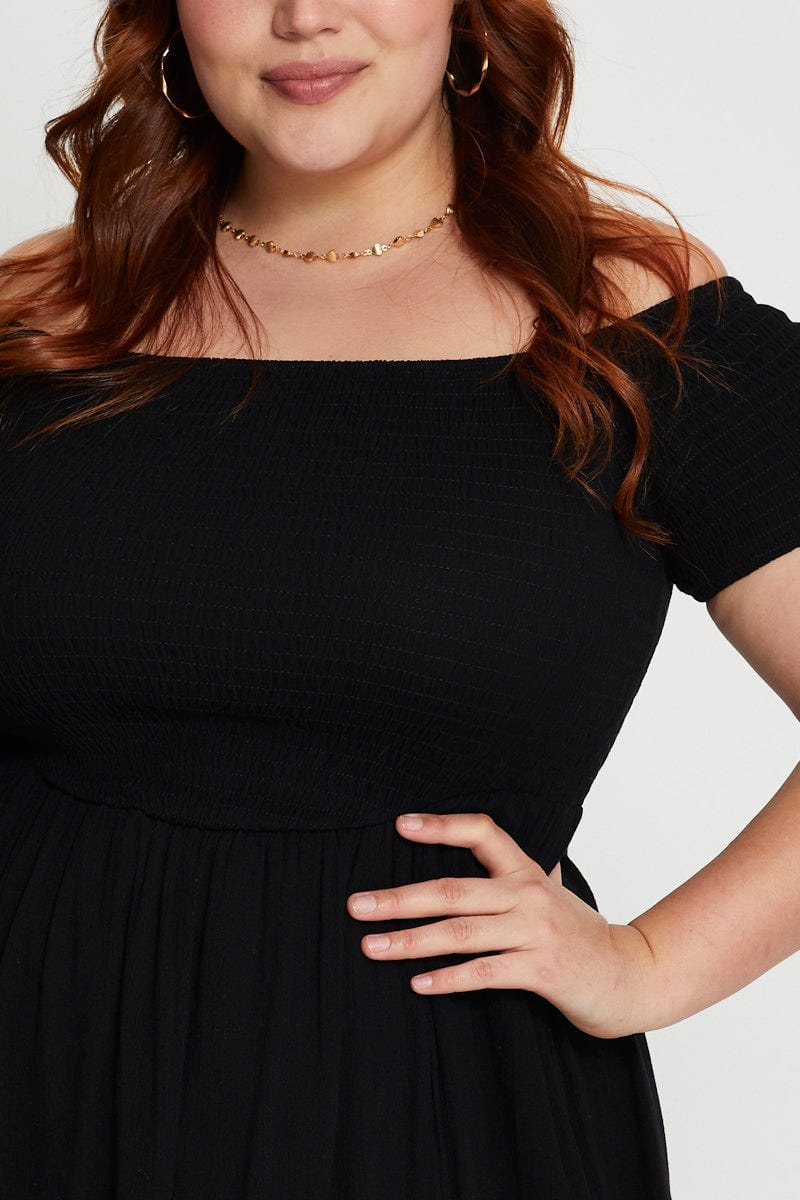 Black Short Sleeve Shirred Maxi Dress For Women By You And All